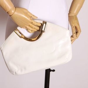 1980s White Leather Gold Tone Metal Clutch Purse